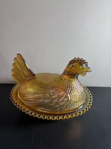 RARE Vtg Indiana Glass 7” Hen on Nest - Golden Carnival Amber Iridescent- MINT