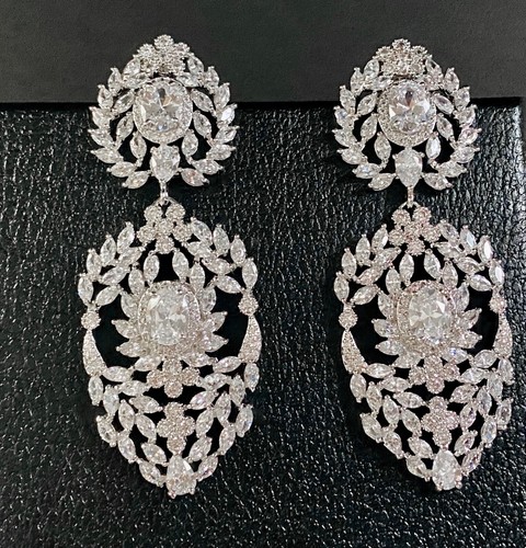 18K White Gold Plated Marquise Simulated Diamond Big Long Chandelier Earrings - Picture 4 of 19