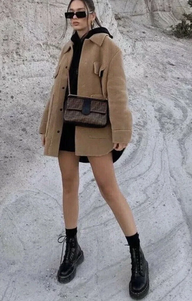 ZARA негабаритный искусственного стриженный мех двойной лицо верхняя куртка - желтовато-коричневый/черный размер. L