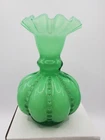 Chipped Vintage Green Fenton 1940 Ruffled " Beaded Melon " Vase 4 3/4"