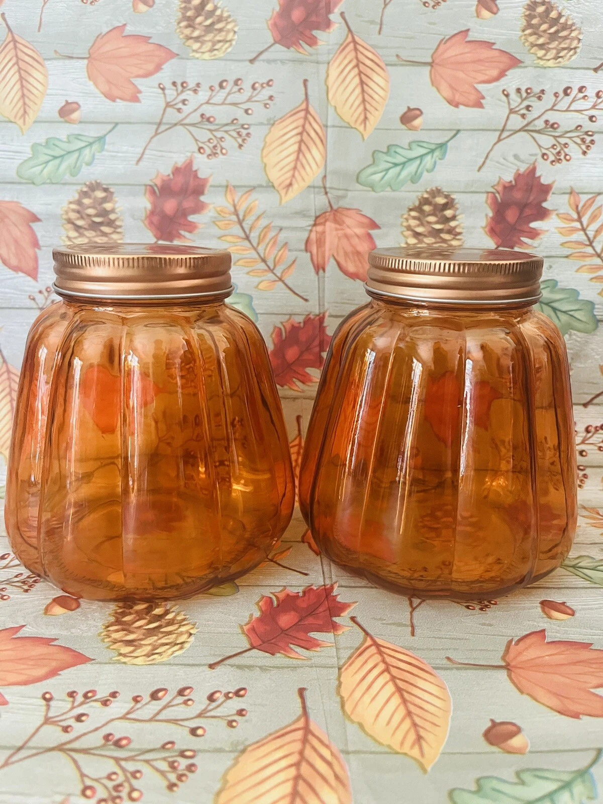 Orange Pumpkin Shaped Glass Jar with Lid New Set Of 2