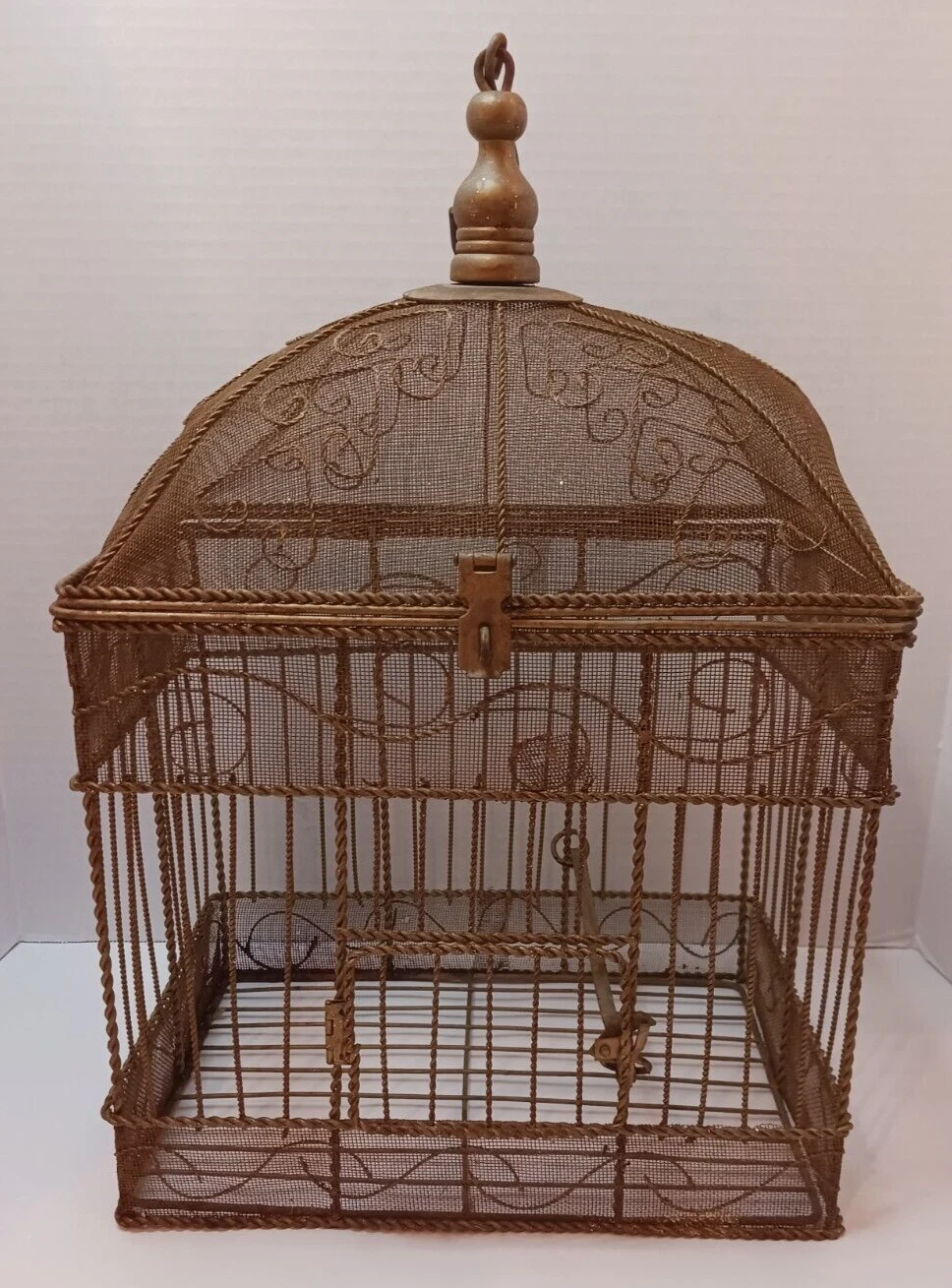 Vintage Metal Wire & Screen Bird Cage Ornate Antiqued Gold w/Hanger
