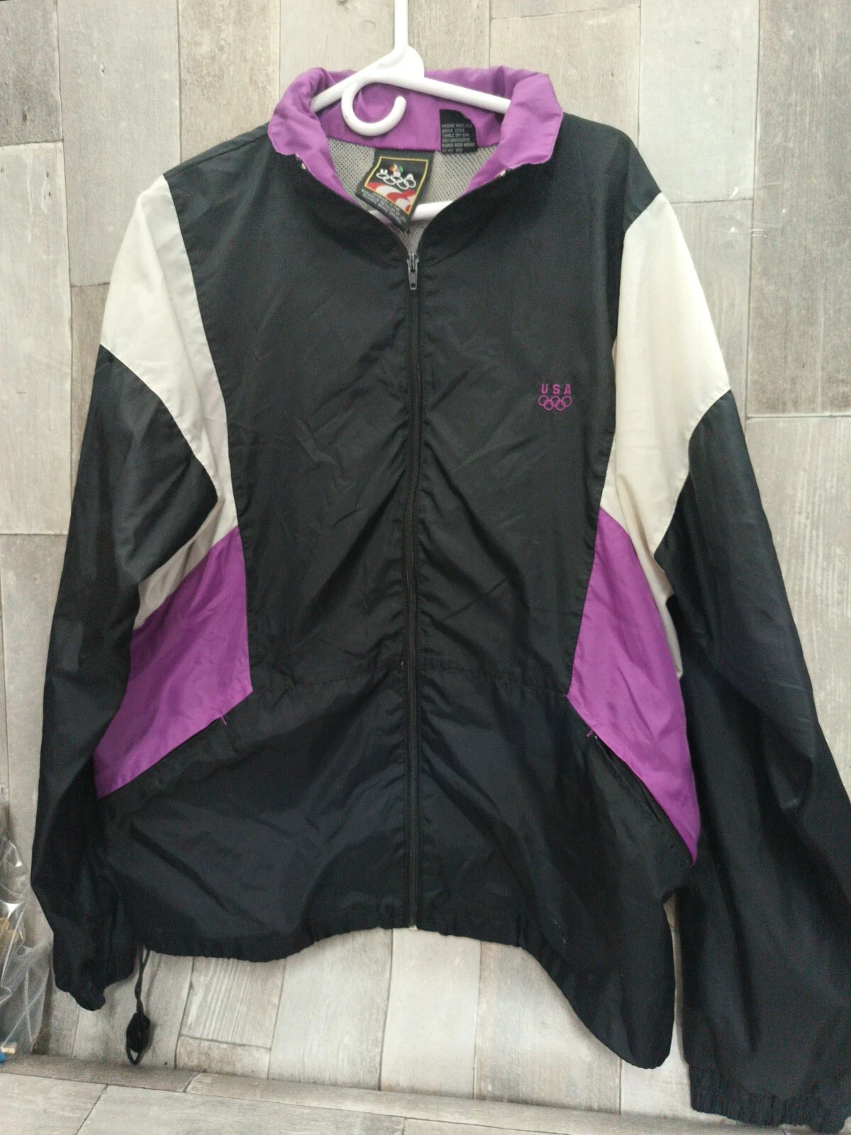 Vtg JCPenny USA Olympics Windbreaker Jacket 90s Retro Black, White Purple Large