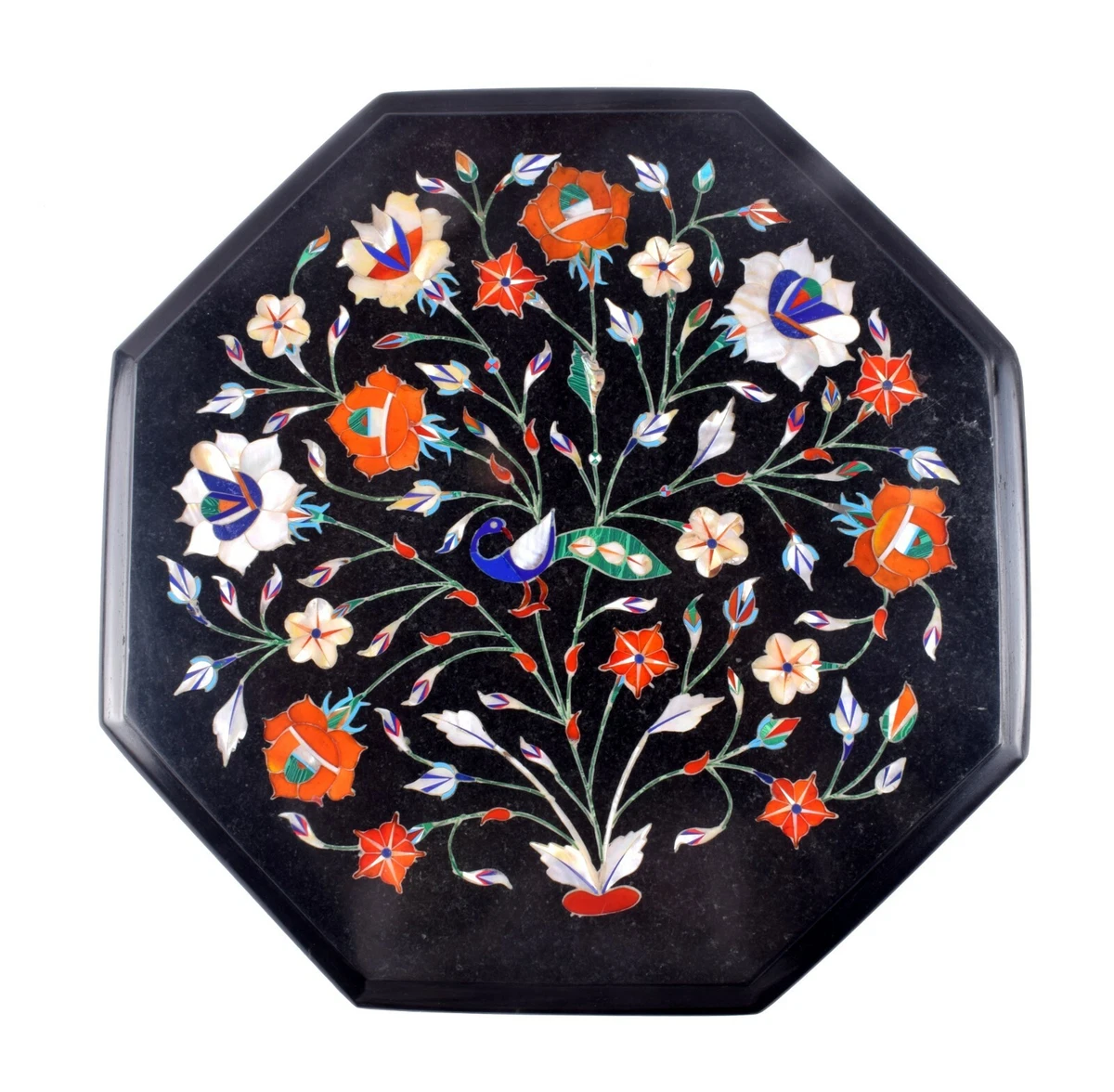 Haut de table en marbre noir 24 pouces incrustation florale art jardin