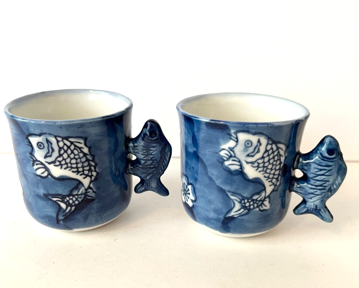 Vintage Asian 2 Blue Cups Hand Painted With Fish Handles Blue Signed