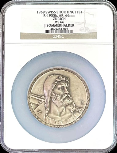 1969 SILVER SWITZERLAND J. SOMMERSHALDER SHOOTING 66 MM MEDAL NGC MINT STATE 66