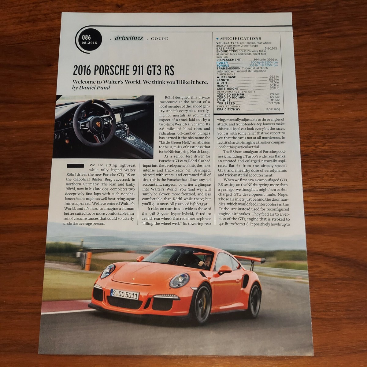PORSCHE 2016 911 GT3 RS MAGAZINE ARTICLE CAR AND DRIVER WALTERS