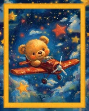 Airplane Teddy Digital  Baby Quilt Panel 36" x 45"