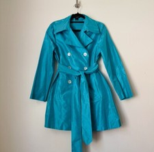 As Four Kate Spade 2005 Collab 100% Silk Teal Short Double-Breasted Trench Coat