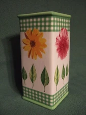 FTD Green Checked Square 7" Vase Springtime Pink Yellow Flowers Green Leaves