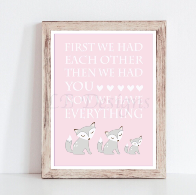 Pink Baby Girl Fox Nursery Print, Girl Woodland Nursery Decor 8x10 - Main Image