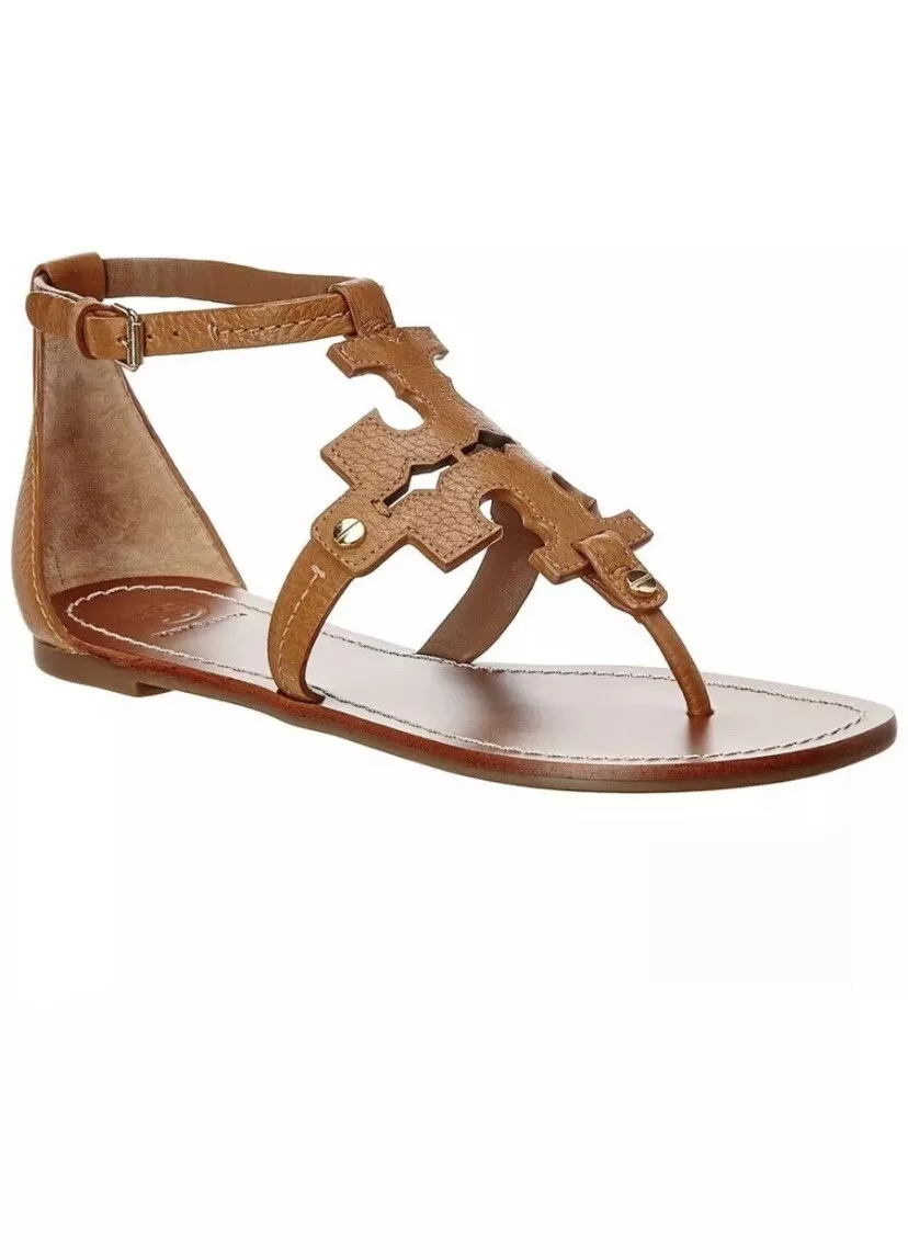 Tory Burch Phoebe Leather Flat Thong Sandal Royal Tan Brown US