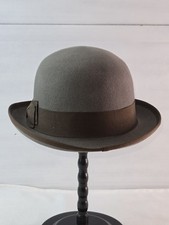 Stylish Men's Bowler Hat Gray Color W Brown Grosgrain Ribbon Band 57 CM circum.