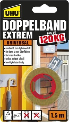 UHU 46820 Doppelband Extrem 120 kg Doppelseitiges Montage Klebeband 1,5m x 19mm