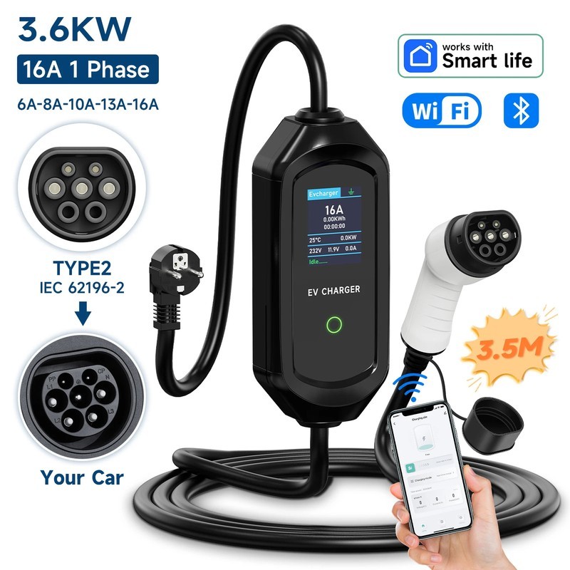 Stazione Ricarica Auto Elettrica Tipo 2 3.6kw Wallbox Portatile Cavo Ev 16A 220V - Miniatura 8
