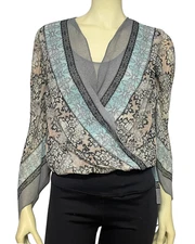 BCBGMAXAZRIA Sz XS Wrap Top Sheer Silk Boho Scarf Print Layered Blouse Blue Gray