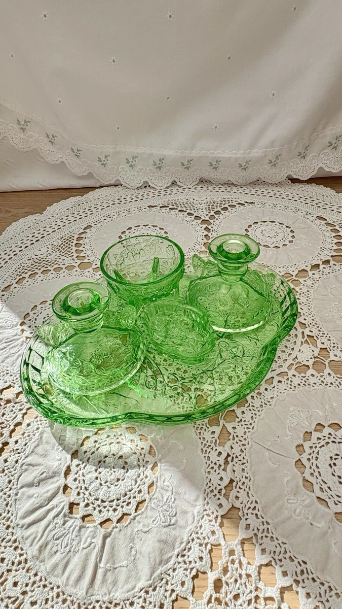 vintage green glass dressing table set Antique Art Nouveau Enameled Green Glass Vanity Set - 6 Piece Set