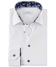 Men Eton Shirt White Single Cuff Floral Trim Blue Button Slim Fit Size 39 15.5