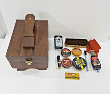 Vintage KIWI Shoe Shine Kit Wood Box Horsehair Brush Polish Set Groomer Retro