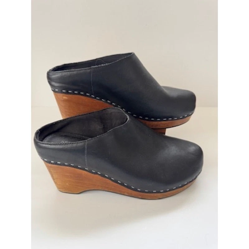 Zuecos de cuña para mujer Kelsi Dagger talla 7 cuero negro plataforma de madera sin cordones Foto 2 de 4