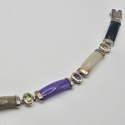 Vintage Sterling Silver Multi-Stone Inlay Bracelet Jade Amethyst Onyx Citrine