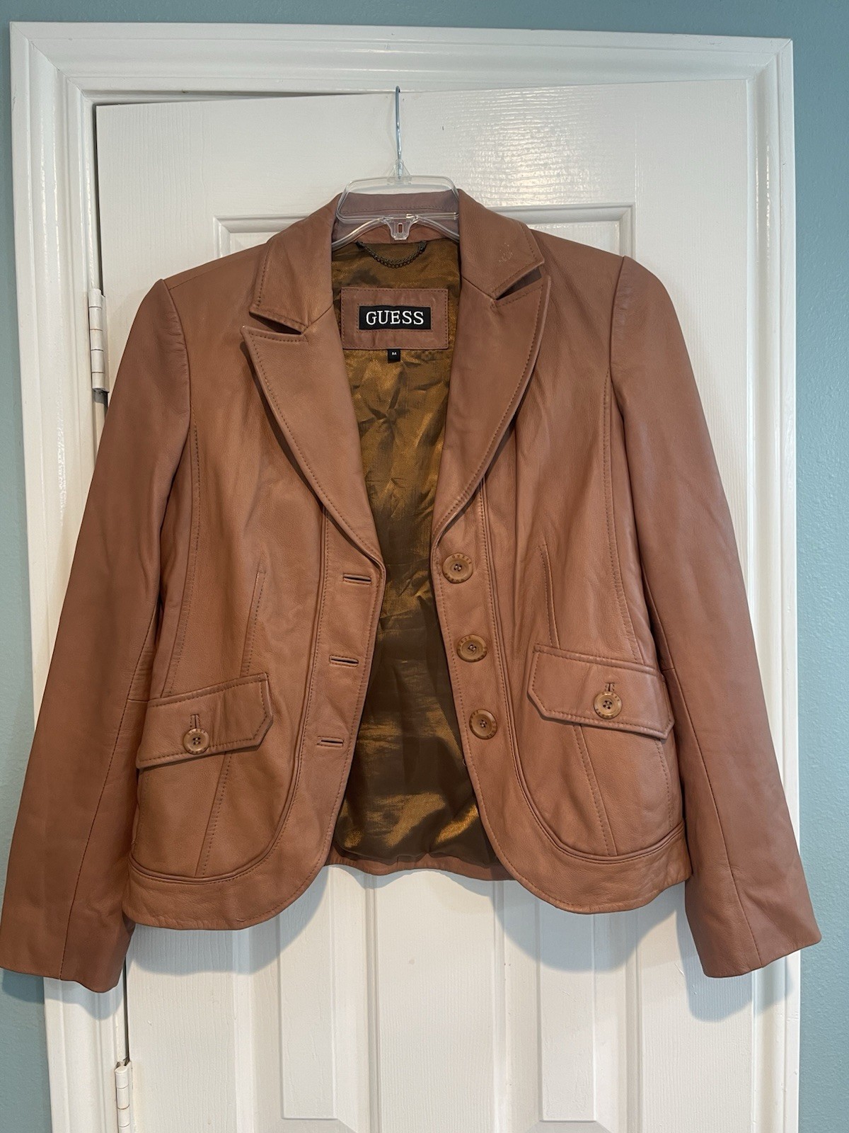 GUESS Brown Leather Button Collared Jacket Pocket… - image 1