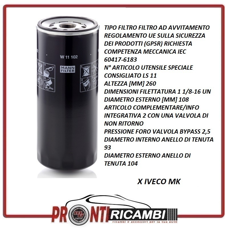 Filtro olio MANN FILTER W11102 - Immagine 2