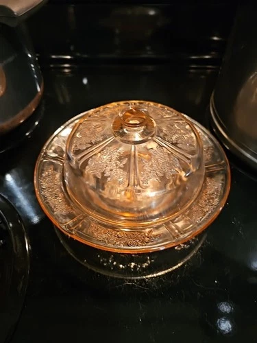 Vintage Federal Pink Glass Sharon Cabbage Rose Round Covered Butter Dish