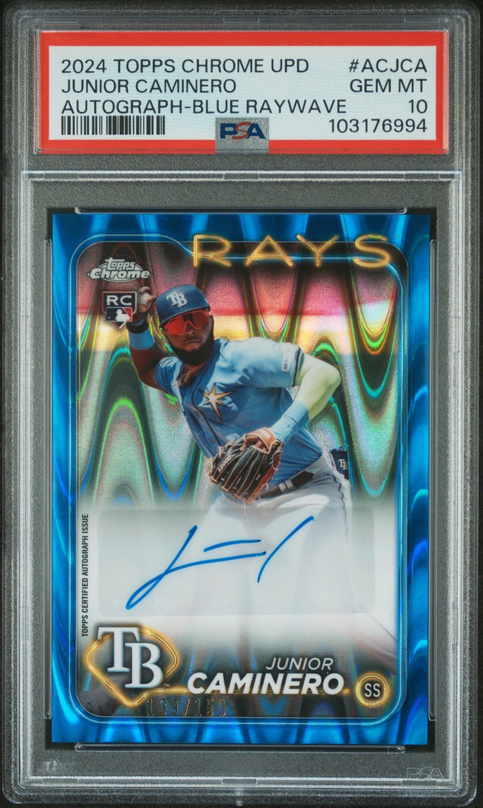 2024 Topps Chrome Update Junior Caminero Blue RayWave Rookie Auto /150 PSA 10