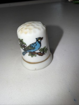 Vintage Blue Jay Bird Thimble, Porcelain, Gold Trim