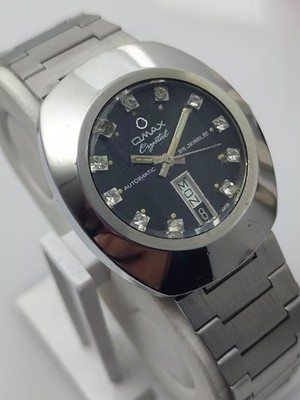 Vintage OMAX Crystal Automatic 35202 Swiss made 25 Jewels Black