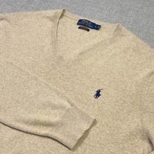 Polo Ralph Lauren V-Neck Sweater Mens Large Beige Long Sleeve Cotton Pullover