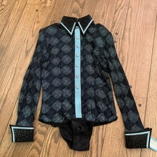 Paula’s place western show Shirt Leotard Large Rodeo Blue Black Women’s 12