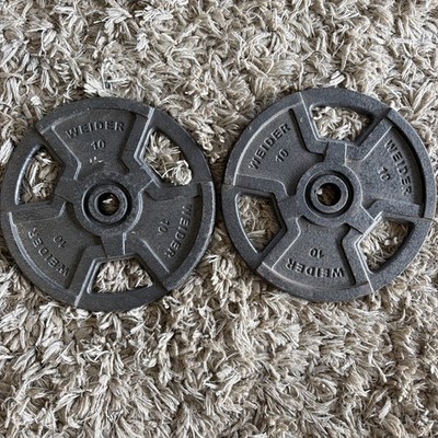 (2) Pair 10 Lb. Each Weider Easy Tri Grip Cast Iron  1'' Bar Weight Plates NICE