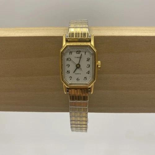 Vintage Timex Watch Women 18mm Gold Tone Rectangle Dial New Battery