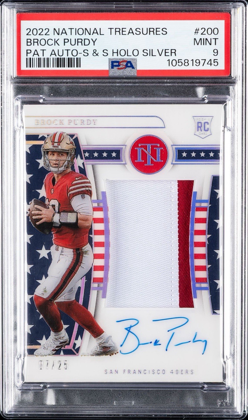 BROCK PURDY 2022 NATIONAL TREASURES #200 STARS STRIPES ROOKIE PATCH AUTO /25 RPA