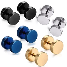 4 Pairs Barbell Stainless Steel Screw Back Men's Earring Ear Studs 7-8MM USA