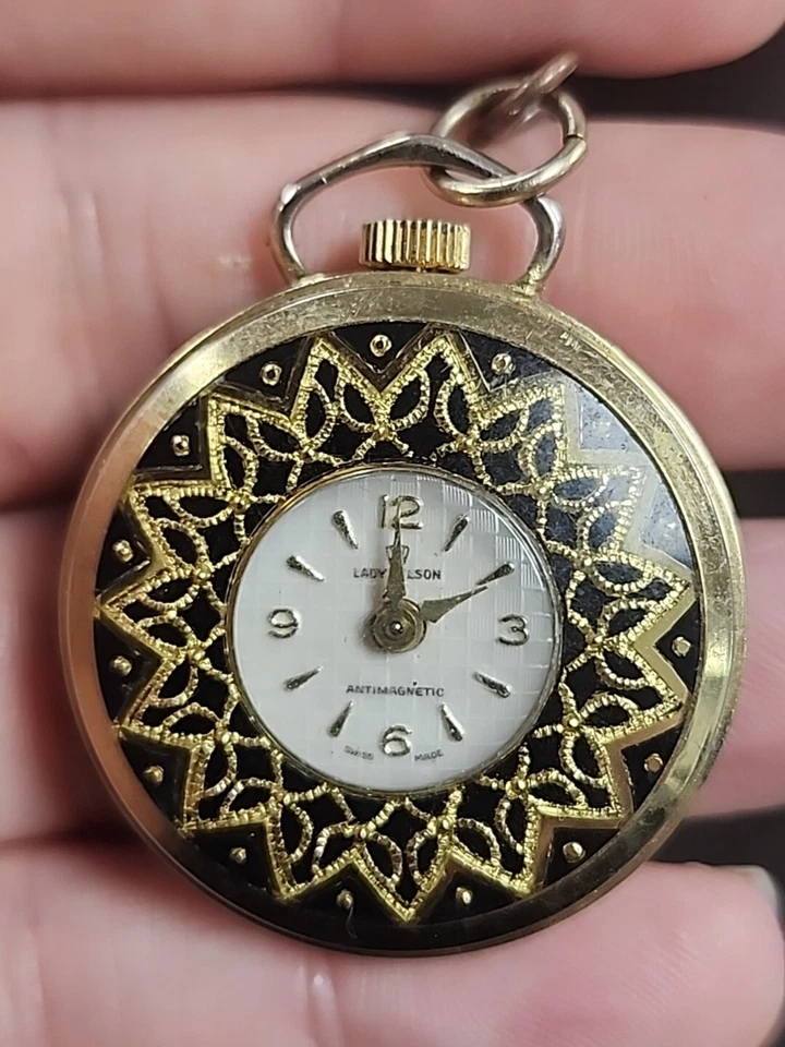 Lady Nelson Pendant WATCH GoldTone Black Necklace Chain Manual Wind Chain As Is - Image 3 of 4