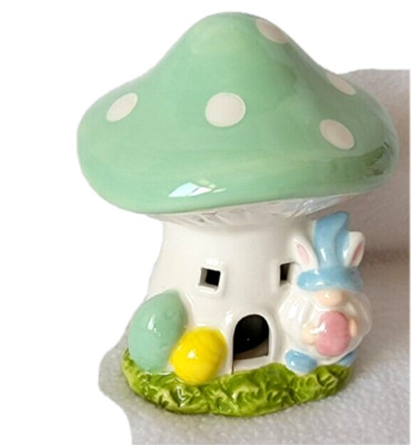Green Ceramic Easter Village Mushroom House, Gnome Bunny, LED Lights Up - NEW