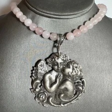 Cherub Rose Quartz Pendant Necklace Handmade Silver Repoussé Art Nouveau Gift