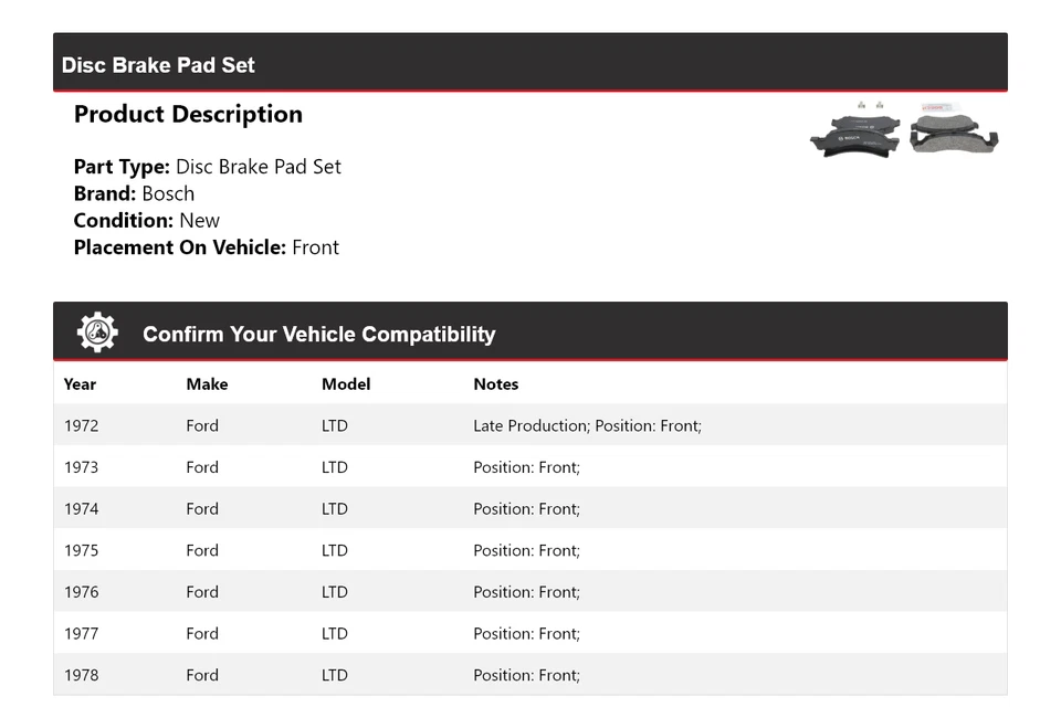 For 1972-1978 Ford LTD Bosch QuietCast Semi-Metallic Brake Pads Front 1973 1974 - Image 2 of 4