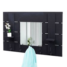 Wandgarderobe HWC-C89 mit Spiegel, Shabby-Look 5 Haken 90x60cm dunkelgrau