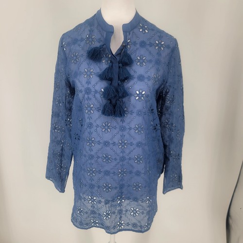 Jade By Johnny Was Vidya Eyelet Shirt Tassel Blue Long Sleeve Size XS NEW - Picture 2 of 10