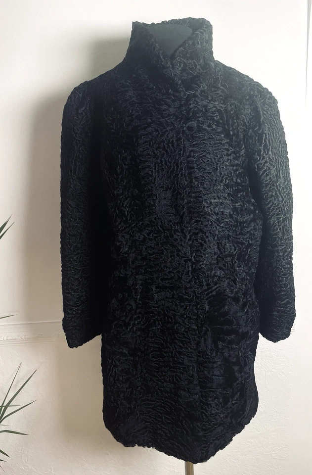 Abrigo de piel de oveja vintage para mujer negro rizado abrigo de cordero persa M\L Suiza Foto 2 de 4