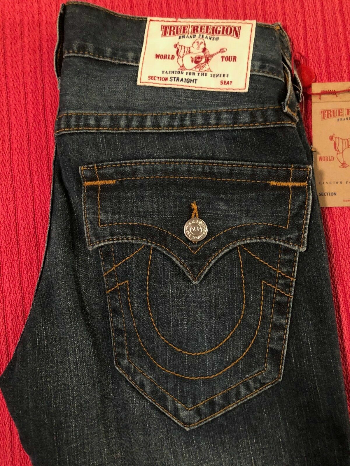 NEW TRUE RELIGION MEN'S JEANS STRAIGHT FLAP RED ORANGE SN 31 x 34 SOLD OUT image 3