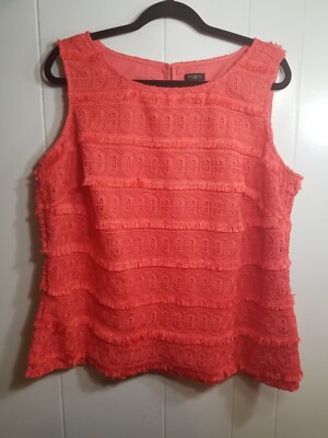 Talbots Women's Sz 14 Coral Orange Tiered Fringe Sleeveless Boho Blouse Gypsy