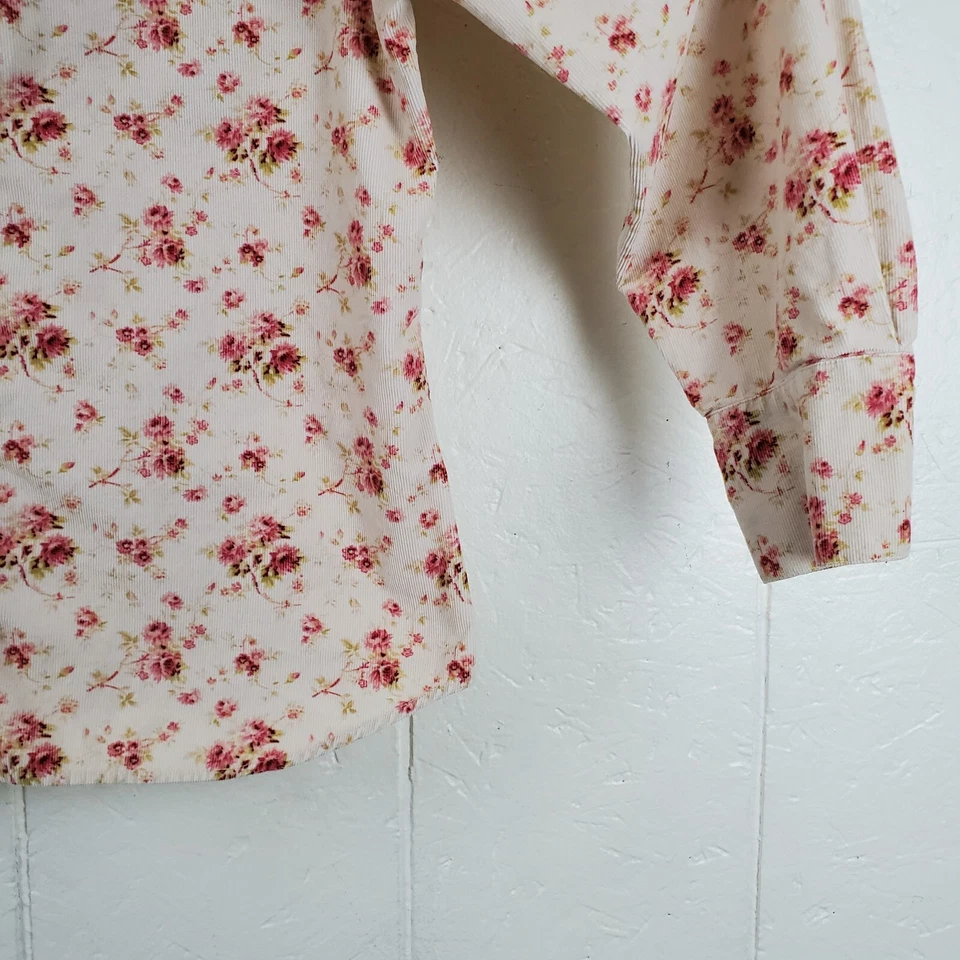 Camisa vintage Eddie Bauer abotonada para mujer pequeña beige floral con cuello de pana Foto 4 de 4