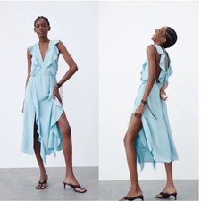 Zara Light Blue Side Slits Ruffle V-Neck Midi Dress Sleeveless Tie Back Small