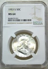 1953 S Franklin Half Dollar NGC MS64 Frosty White Just Graded New Holder #H286D