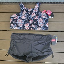 TYR Durafast Women's coral Padma Kira Top  Solid Grey Boy Shorts Set SZ XL New